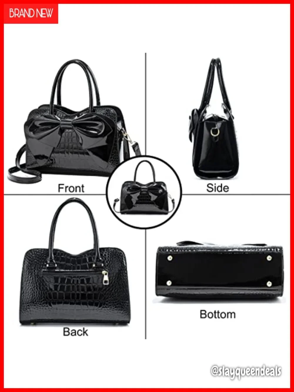 Patent Leather Bowknot Satchel Tote Handbag with Top Handle, Shoulder Strap